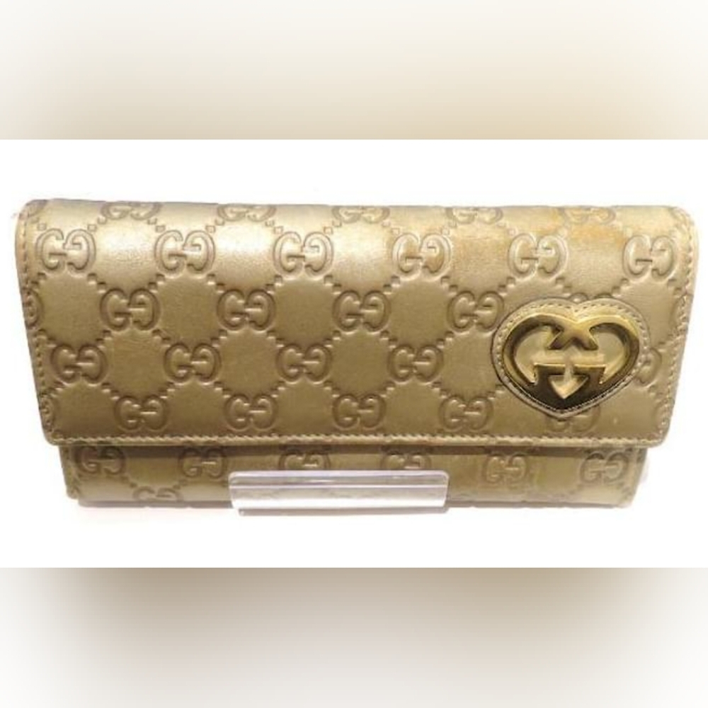 Gucci GUC Gold Brown Biege Leather Lovely Heart GG Pattern Long Wallet (W90)